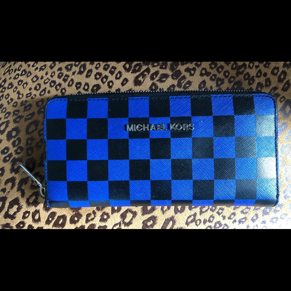 Michael Kors black and blue checkered zip wallet